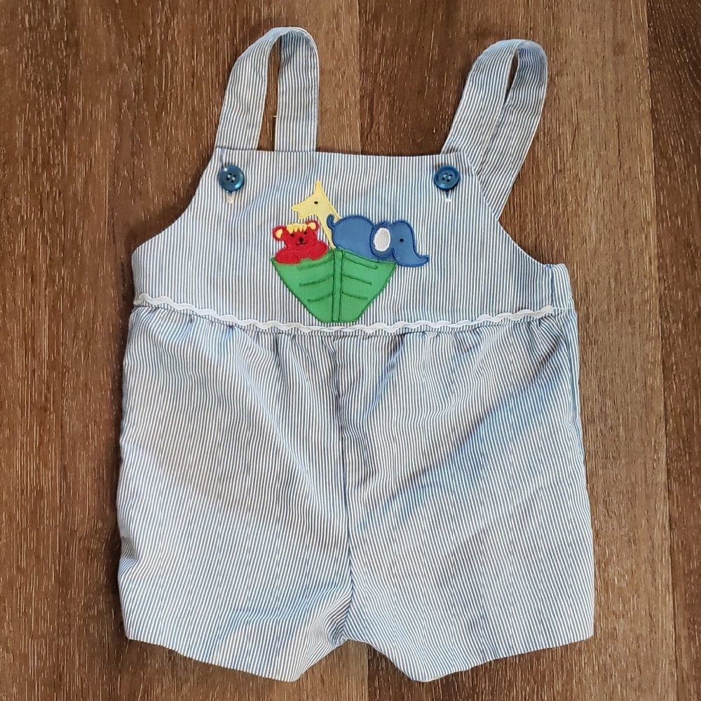 Vintage Eaton Blue White Pinstripe Striped Kids Romper Shortall Embroidered 80s